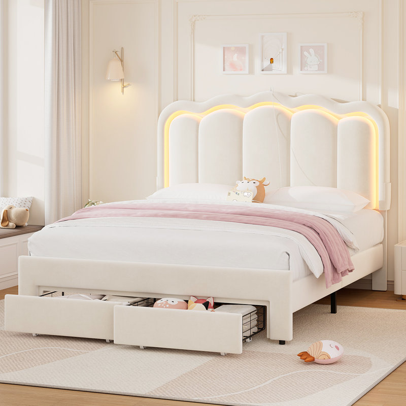 Daphne Upholstered LED Bed Frame With Drawer & Adjustable Headboard, Kids Beds, Twin, Beige