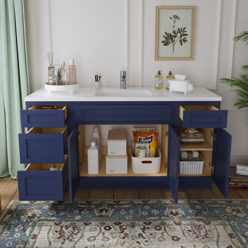 60-Inch Blue Plywood Freestanding Bath Vanity Cabinet