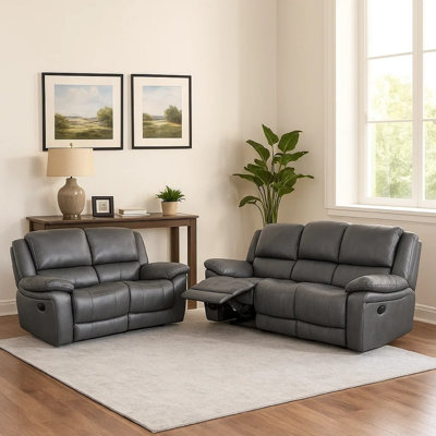 Larus 2Pc Manual Reclining Sofa And Loveseat Set, Grey Vegan Leather