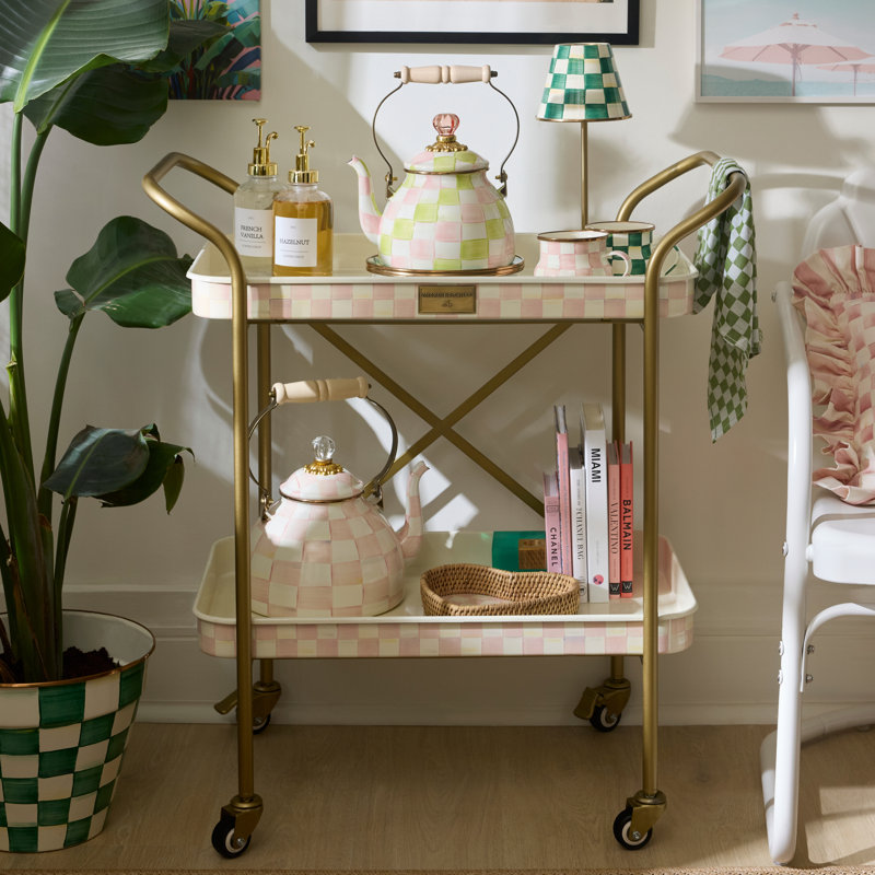 Mocha Check 2-Tier Kitchen Cart, Brass/Pink/White