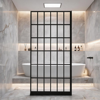 34 inch Matte Black Frameless Fixed Shower Door with Tempered Glass and Open Entry Design