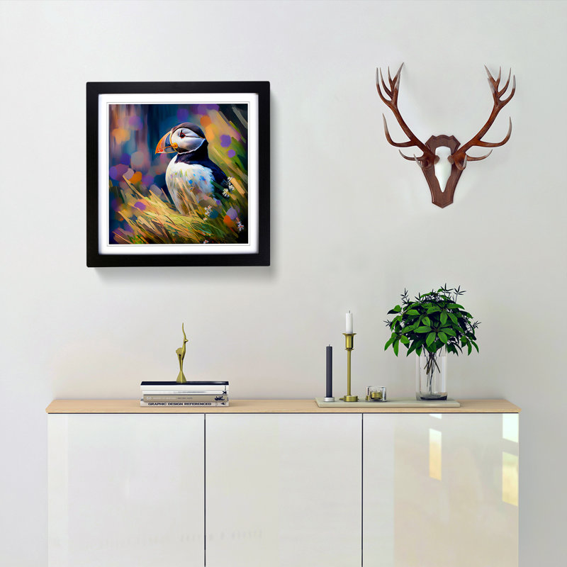 Puffin Neo-Impressionism - Single Picture Frame Print on Wood, Black