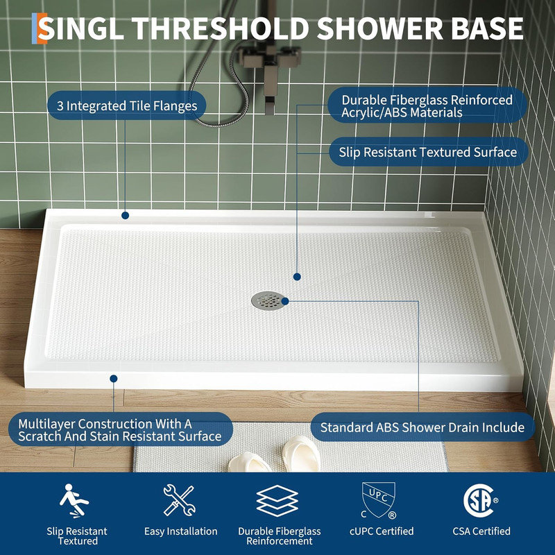 Bac de douche en PVC acrylique avec surface antidérapante, base de rétention d'eau à 3 côtés et options de drain pour la salle de bain en alcôve
