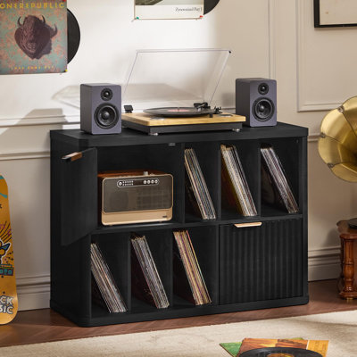 Meuble pour platine vinyle cannelée de 100 cm (39,5 pouces) avec rangement pour vinyles, étagères ouvertes et placards fermés