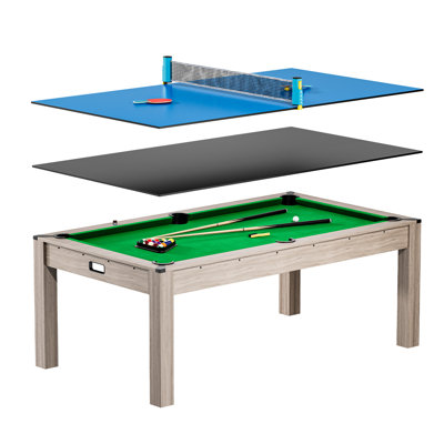 Table de ping-pong 7 en 3 avec accessoires pour la piscine, la salle à manger et le tennis de table 7FT avec balles, queues de ping-pong, billard convertible et tennis de table, finition grain de bois HDF et accents chromés