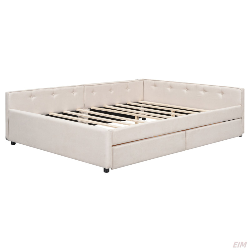 Grand lit plateforme tapissier avec port USB et 2 tiroirs (lit)