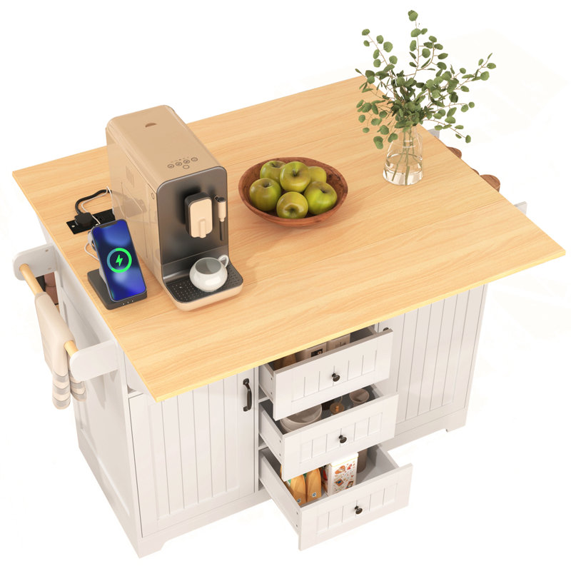 55.7'' Large Kitchen Island With 2 Drop Leaf,, Rolling Kitchen Cart On 5 Wheels With Power Outlet, Folding Storage Dining Table With Spice & Towel Rack , 3 Drawers, For Kitchen, Dining Room