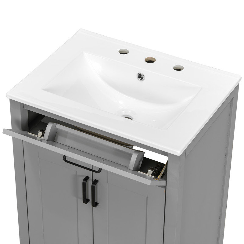 Ensemble de meuble-lavabo de salle de bain avec lavabo en céramique et portes à fermeture en douceur, Gris