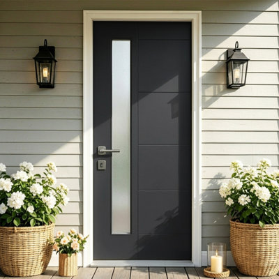 Mordern 36"X80" Fiberglass Front Door With  4-9/16" PVC Frame, Minimalist Brushed Skin & Grooved Line With Frosted Glass For Home Entrance