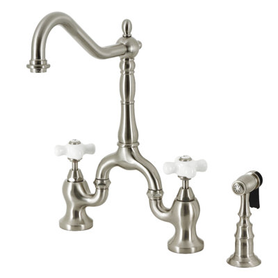 Kingston Brass English Country Two-Handle 3-Hole Deck Mount Bridge Kitchen Faucet with Brass Side Sprayer