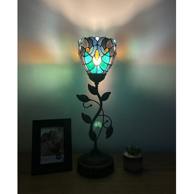 Simonetti Tiffany Torch Table Lamp Green Stained Glass Included LED Bulb USB Ports 6"W*6"D*20"H