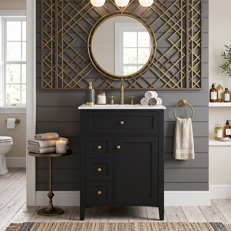 Meuble-lavabo moderne 24 po avec lavabo, 3 tiroirs et support de porte (noir / blanc / bleu / gris / vert), Noir