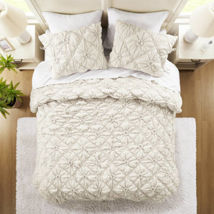 Purple 3Pcs Full/Queen Textured Floral Comforter , Soft Microfiber, Puffy Design With Elastic Ruching, - For Safe Use In Purple, All Season Comfort And Easy Maintenance