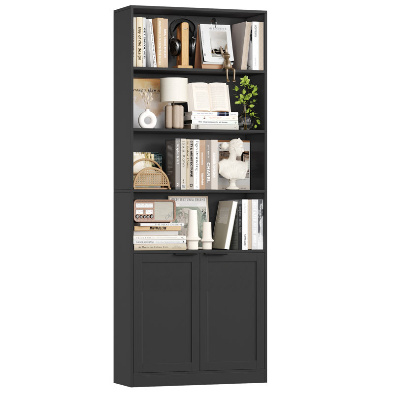  73.2" H 6-Tier Bookcase, Single Row Bookshelf with 2-Door Cabinet & 4 Open Shelves for Office Living Room, Black