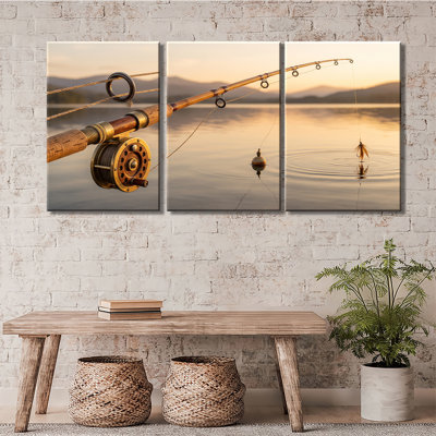 Canne à pêche à la mouche rétro, coucher de soleil, ensemble de 3 impressions sur toile