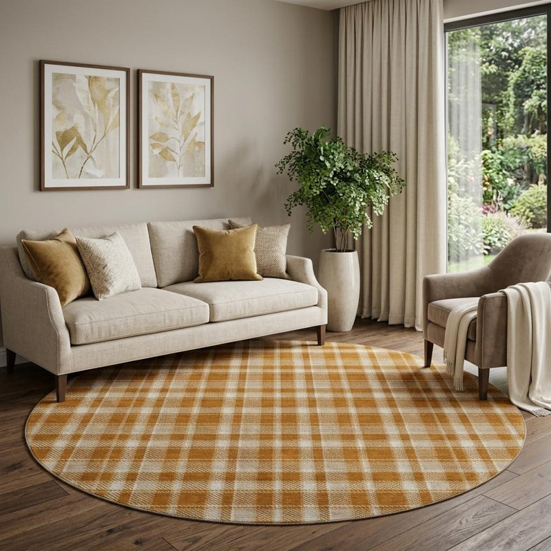 Tapis rond lavable écossais rouille et ivoire 8 pi avec protection UV