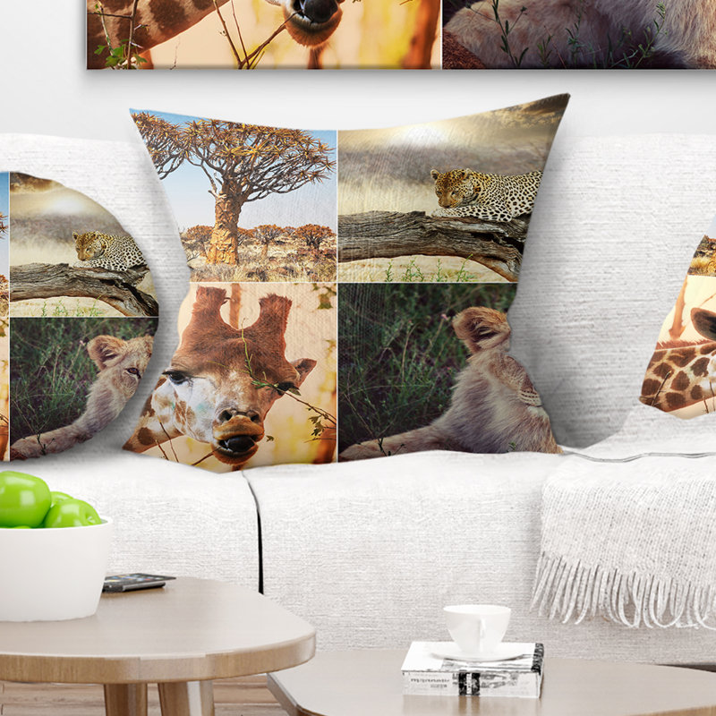 Coussin de collage paysager de la faune sauvage africain safari, 16 po x 1 po, Coussin décoratif
