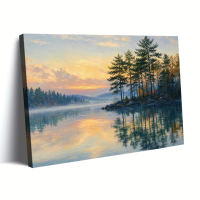 Impasto, peinture à l'huile, lever du soleil, lac, pin, île, eau, réflexion, brume douce, montagne, ciel pastel, impression sur toile, art mural, plat, rustique, nature, salon, décoration, peinture