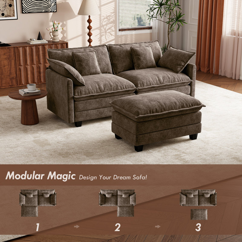 Maney 76.8" Upholstered Chenille L Shaped Sectional Loveseat Sofa with Ottoman, Brown