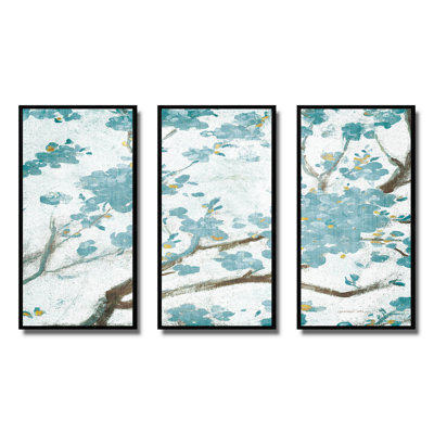 Teal Cherry Blossoms I - ensemble d'art mural sur toile encadré traditionnel de 3