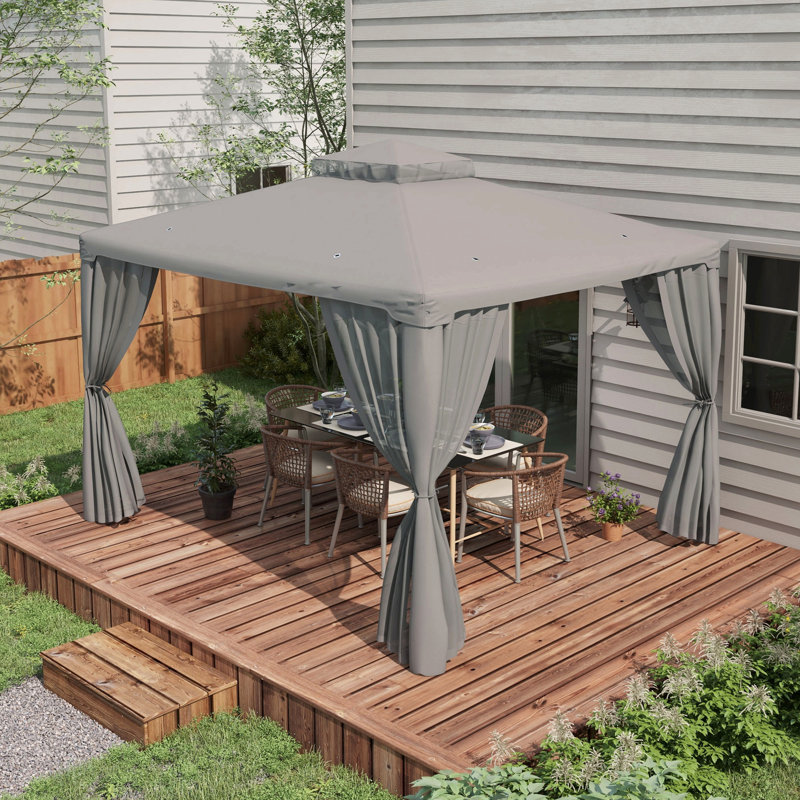 Outsunny 9.6' X 11.6' Patio Gazebo, Outdoor Canopy Shelter With 2-Tier Roof And Netting, Steel Frame For Garden, Lawn, Backyard, And Deck, Gray