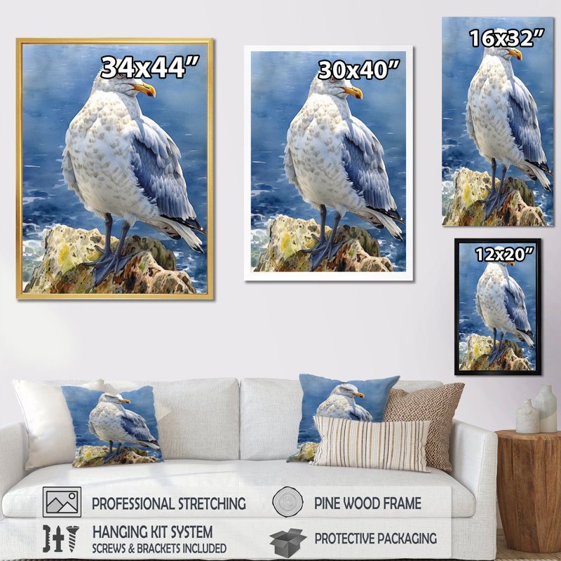 Mouette au bord de la mer IV - Reproduction d'art mural animaux, Cadre simple noir, H 32 po x l 16 po x P 1 po