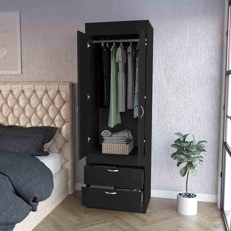 Armoire Alabama, une grande armoire, deux tiroirs, Noir