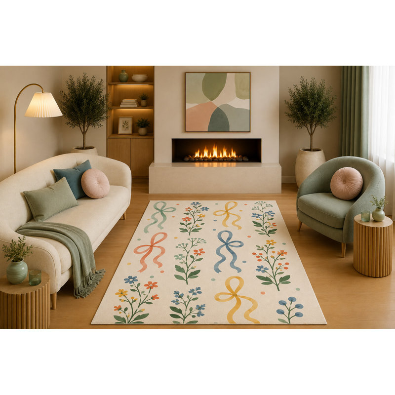 Tapis floral fantaisiste 5 pi x 7 pi avec fleurs colorées et nœuds rubans crème pour le salon, la chambre de bébé, la salle de jeu, le tapis antidérapant en silicone et le velours