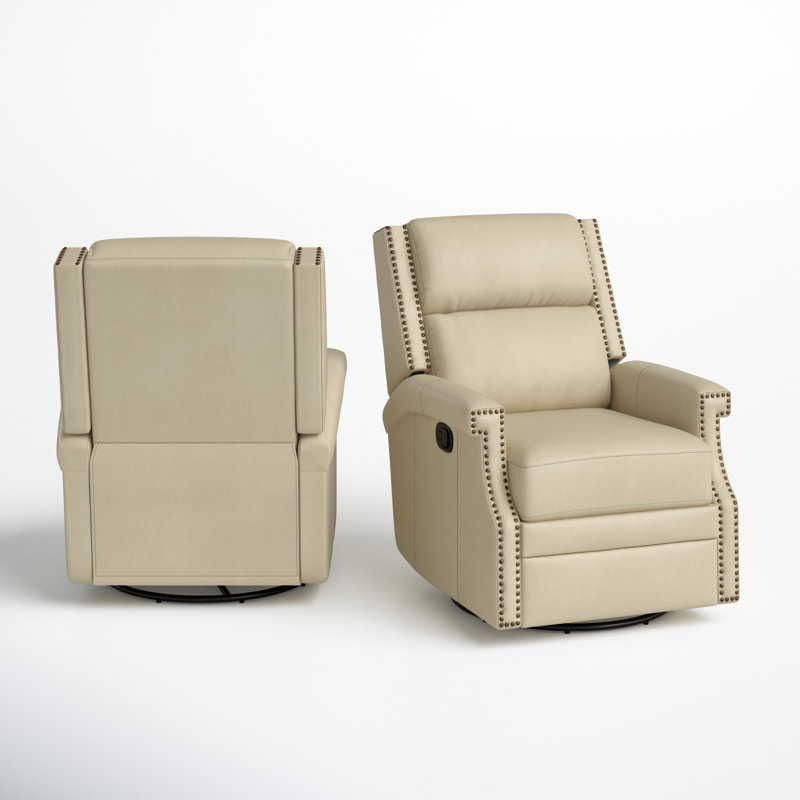 Manning 29.6" Wide Genuine Leather Manual Swivel Rocking Standard Recliner, Beige Genuine Leather