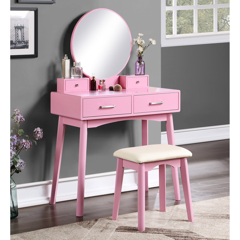 Pink Wood Dressing Vanity And Stool With Frame Cushioned Seat Table Solid Construction Spacious Drawers, Pink