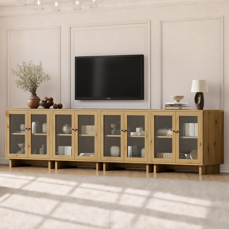 Buffet à portes vitrées de 80 cm de large avec tablette réglable et fini imitation bois (ensemble de 4), chêne naturel