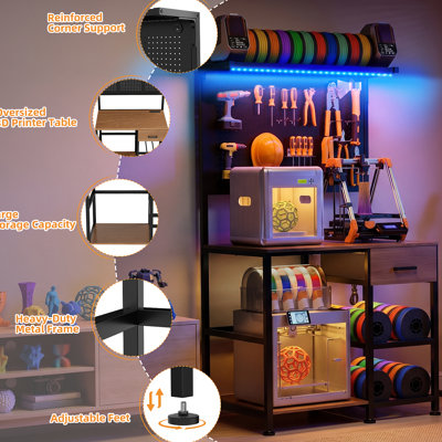 Support d'imprimante 3D avec station de travail pour filament, banc d'imprimante 3D avec tiroir, station de charge et lumières DEL, grande tablette d'imprimante avec panneau perforé et crochets pour le garage Home Studio