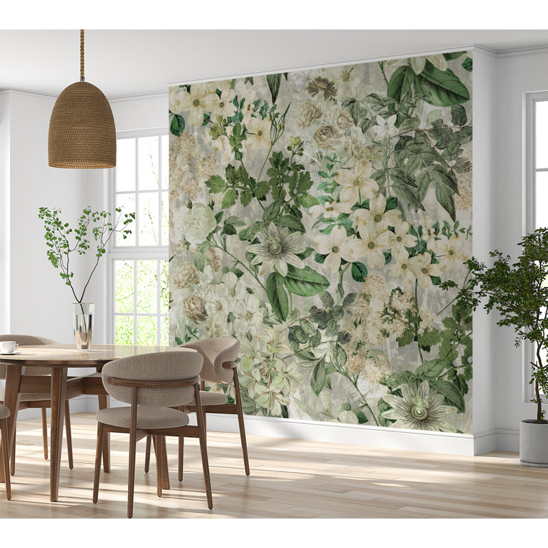 Murale florale pelez et collez Jahmarley - Beige romantique jardin, L 96 po x l 120 po
