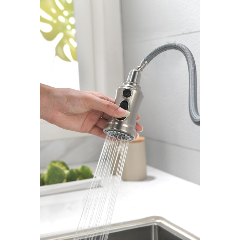 High Arc Brushed Nickel Faucet For Kitchen With Pull Out Function And Easy Cleaning Surface Single Level Down Rust- Feature