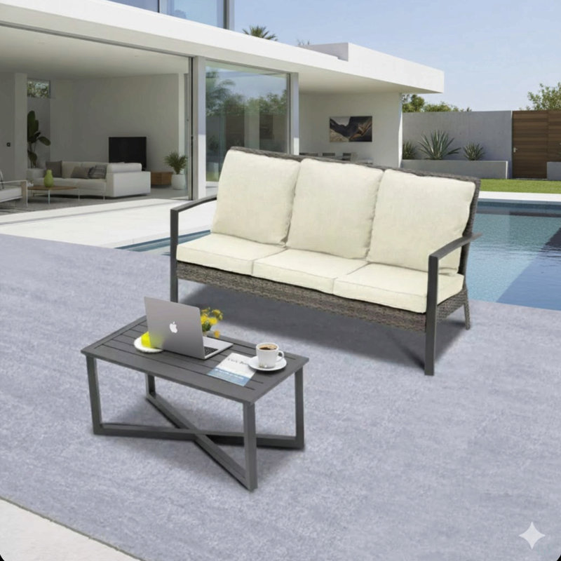 Ensemble de conversation de patio en osier 2 pièces avec coussins beiges et table basse, Beige
