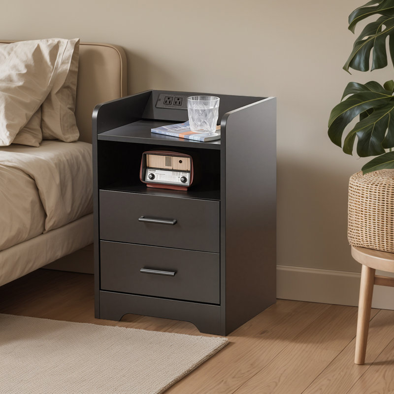 Table de chevet Basic avec station de charge et éclairage DEL, 2 tiroirs, Noir