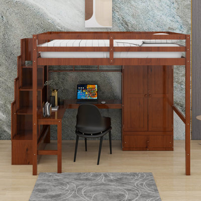 Lit mezzanine double en bois avec bureau, étagères à livres et armoire avec portes et tiroir, escalier intégré avec tablettes de rangement