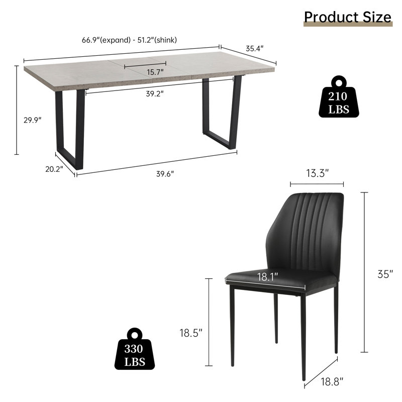 Ensemble de salle à manger Modern Kitchen, table de salle à manger extensible avec chaises (1 table 6 tables), Noir
