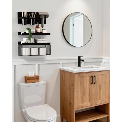 Floating Bathroom Shelves with Hair Dryer Holder, 3-Tier Rustic Wood Wall Mounted Organizers Set, Space Saving Over-Toilet Storage and Home Decor Hanging Rack -Black