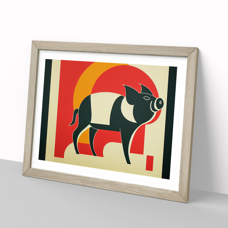 Art Deco Pig Abstract - Single Picture Frame Print, 46cm H x 64cm W, Grey