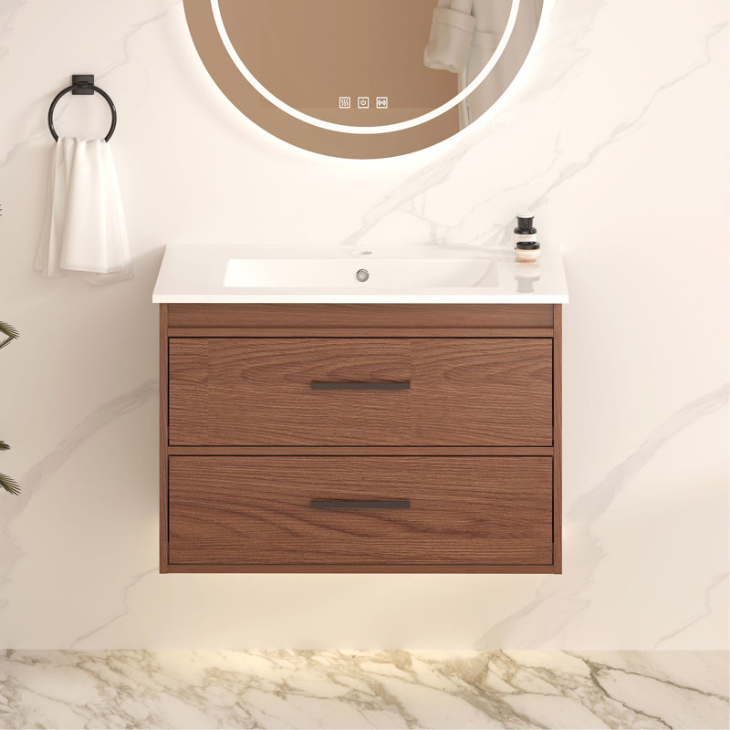 Ensemble de meuble-lavabo mural 30 po à 2 tiroirs, brun rougeâtre