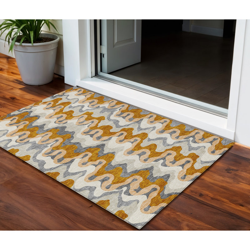 3' X 5' Terra Cotta Copper And Gray Abstract Washable Indoor Outdoor Area Rug