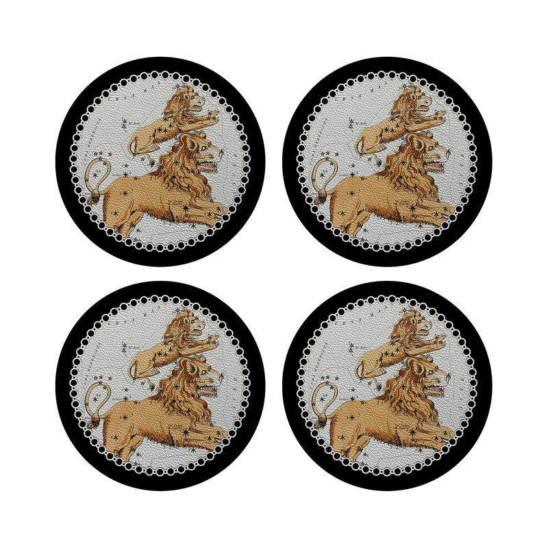 Zodiac Leo Vegan Leather Round Pebble Placemat, Black