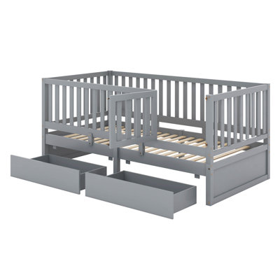 Daybed With Fence Guardrails And 2 Drawers, Split Into Independent Floor Bed & Daybed