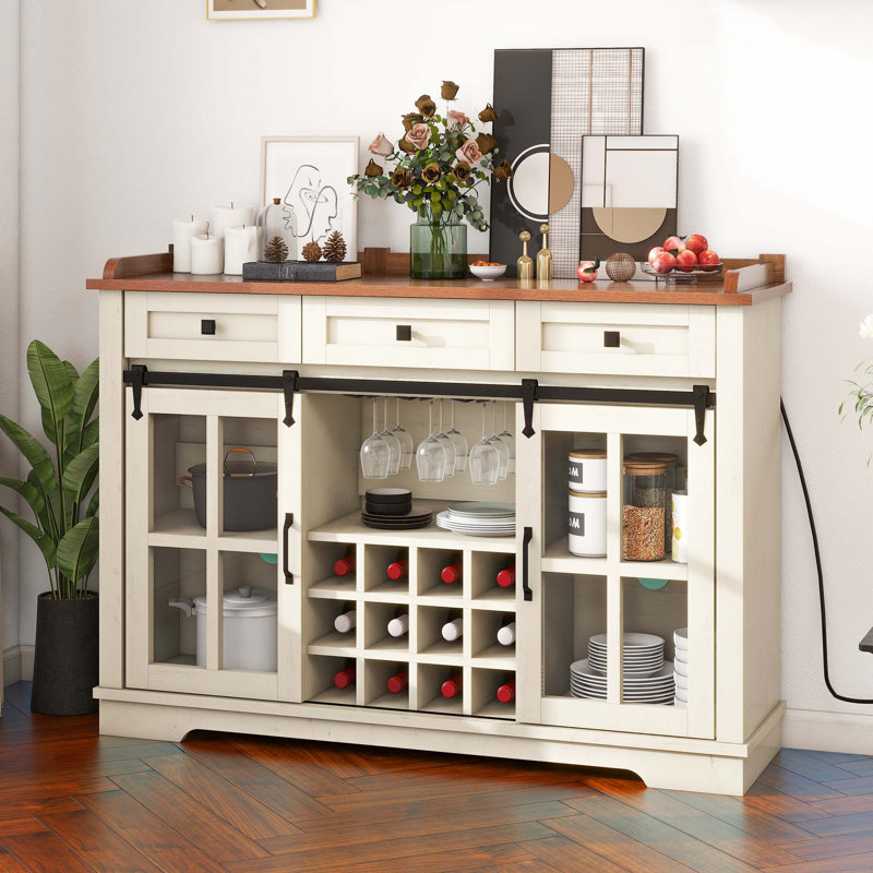 Bogosta 53" Coffee Wine Bar Cabinet with Charging Station, Sliding Barn Door and 3 Drawers, White