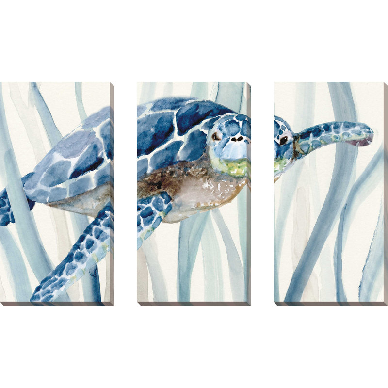 «Turtle In Seagrass I» par Nan, impression sur toile 3 pièces, H 24 po x l 36 po x P 0,75 po