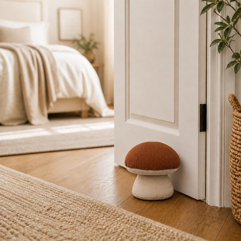 Rust Mushroom Door Stop, Sand Filled Weighted Corduroy Doorstop with Cotton Canvas Stem, Freestanding Doorstopper for Bedroom Nursery Office Hallway