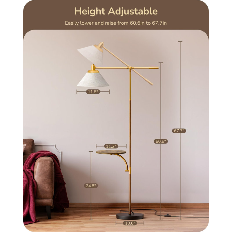 68" Arc Floor Lamp With Table, Vintage Standing Lamp With Tray, Tall Reading Lamp, Beige Shade, Adjustable Arm, Remote Dimmable Bulb Included