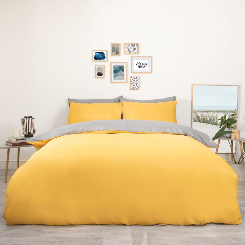 Hufsah Microfibre Reversible Duvet Cover Set, Double - 2 Standard Pillowcases, Ochre/Silver