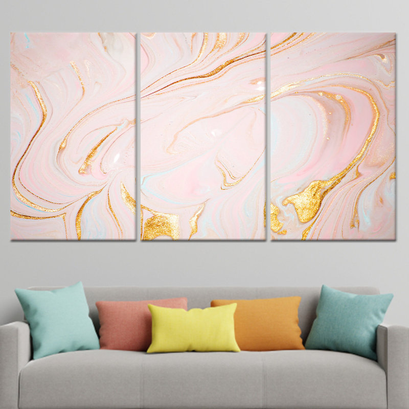 Élégante œuvre d'art sur toile en marbre rose avec impression de chatoiement doré, toile tendue 3P, H: 47,2 po x l: 59,1 po
